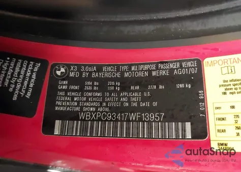 2007 BMW X3 3.0Si from USA, damaged, VIN WBXPC93417WF13957